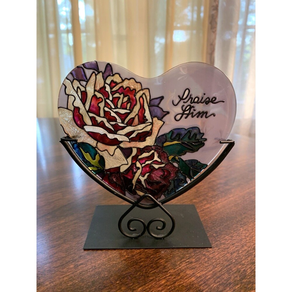 Joan Baker Stained Glass Heart Candle Holder Praise Him Religious Sun Catcher
